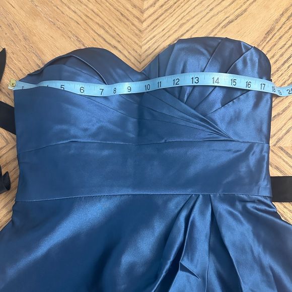 Blue Satin Cocktail Dress Bow Belt Gathered Bustier Strapless Bra Insert Size 8 - Picture 7 of 11